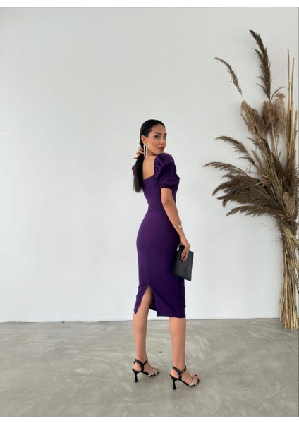 Kalp Yaka Arka Yırtmaçlı Balon Kol Elbise Mor 582866 fırsatları