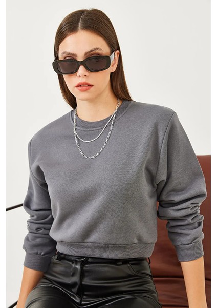 Kadın Bisiklet Yaka 3 Ip Şardonlu Basic Crop Sweatshirt fiyatları