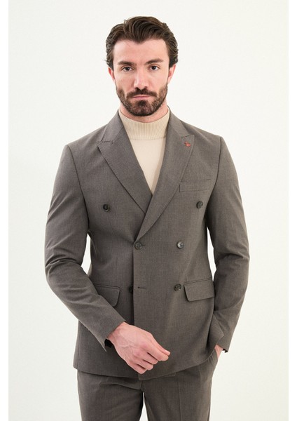 Düz Slim Fit Geniş Yaka Kruvaze Erkek Takım Elbise