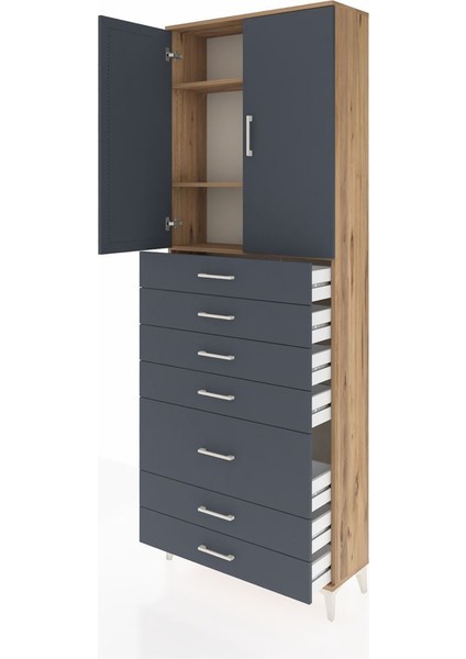 Arges Dolap 3 Raflı 5 Çekmeceli 2 Kapaklı 88X30X243 Çam-Antrasit fırsatları