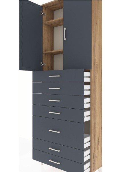 Arges Dolap 3 Raflı 5 Çekmeceli 2 Kapaklı 88X30X243 Çam-Antrasit indirimleri