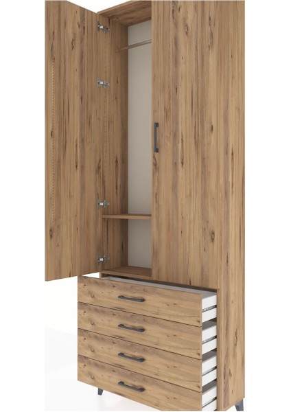 Arges Dolap 2 Raflı 4 Çekmeceli Tek Askılı 88X30X243 Çam-Çam indirimleri