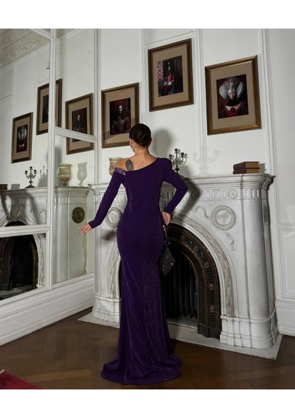 Yaka Inci Detaylı Simli Krep Elbise Mor 583046 fırsatları