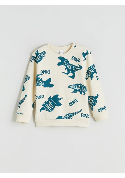 Yeni Sezon Bisiklet Yaka Dinozor Baskılı Erkek Çocuk Sweatshirt
