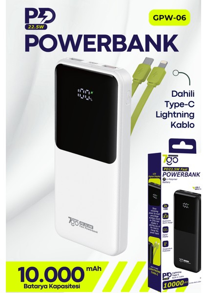 Gpw-06 10000MAH PD22.5W Hızlı Şarj Powerbank Beyaz | Dahili Type-C & Lightning Kablo | Dijital Ekranlı Taşınabilir Şarj Cihazı