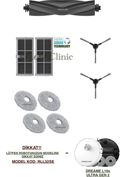 Dreame L10S Ultra Gen 2 Yedek Ana Fırça, Yan Fırça, Hepa Filtre, Mop - 9 Parça