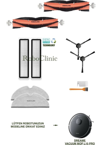 Dreame Vacuum Mop L10 Pro Siyah Yedek Ana Fırça, Yan Fırça, Hepa Filtre, Mop - 10 Parça