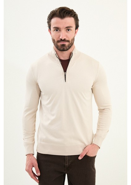 Düz Slim Fit Fermuarlı Yarım Balıkçı Erkek Triko Kazak