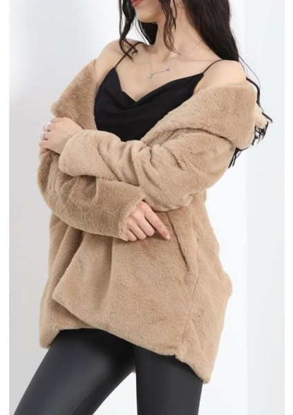Kadın Astarlı Çift Cepli Suni Peluş Kürk Yumoş Ceket