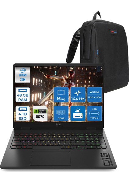 Omen Slim Intel Core Ultra 9 285H 48GB Ddr5 4tb SSD 8GB/RTX5070 16" Wuxga 144Hz IPS 300NIT Windows 11 Pro Taşınabilir Gaming Bilgisayar 16AN0017NTP20 + Zettaçanta