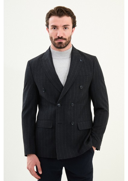 Çizgili Slim Fit Geniş Yaka Kruvaze Yün Erkek Ceket