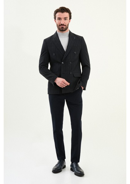 Çizgili Slim Fit Geniş Yaka Kruvaze Yün Erkek Ceket modelleri