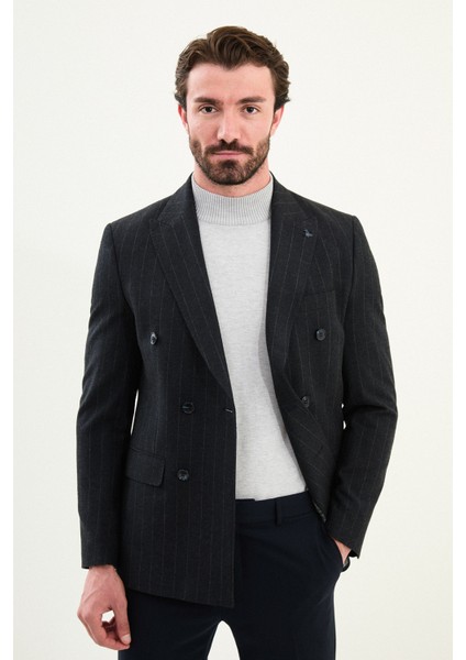 Çizgili Slim Fit Geniş Yaka Kruvaze Yün Erkek Ceket fırsatları