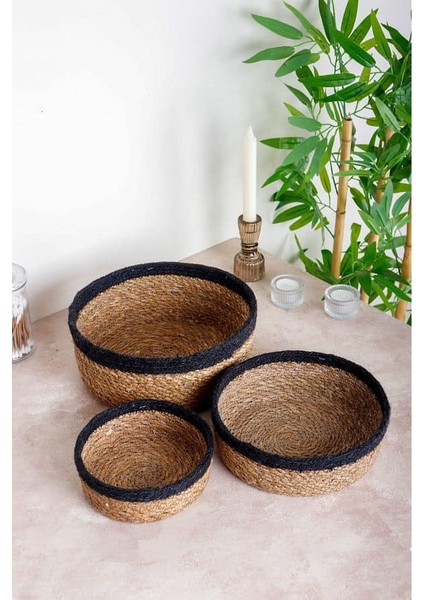 Home Dekoratif Doğal El Örmesi Hasır Yuvarlak 3'lü Sepet, Havluluk, Banyo Organizer Siyah