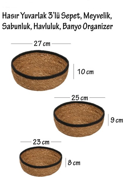 Home Dekoratif Doğal El Örmesi Hasır Yuvarlak 3'lü Sepet, Havluluk, Banyo Organizer Siyah fiyatları