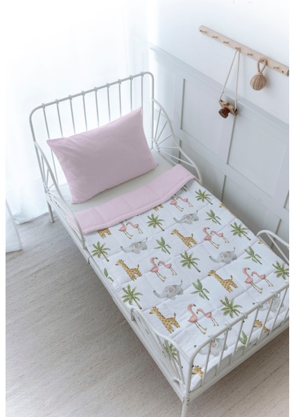 Organik Baskılı Bebek (100X150 Cm) Yorgan Seti - Iconic Serisi - Pembe Safari Hayvanlar