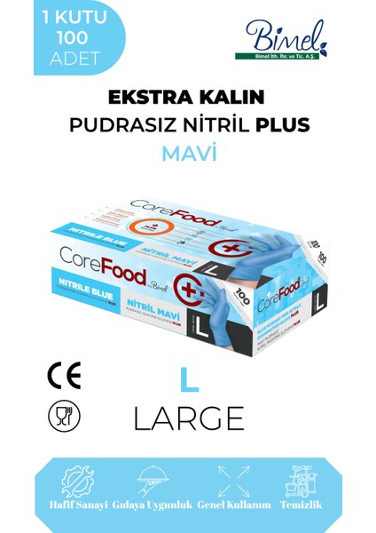 Ekstra Kalın Nitril Mavi Plus Muayene Eldiveni L - 1 Paket 100'LÜ