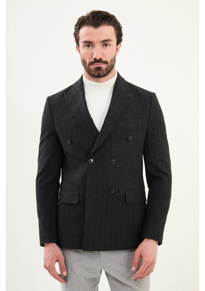 Çizgili Slim Fit Geniş Yaka Kruvaze Yün Erkek Ceket