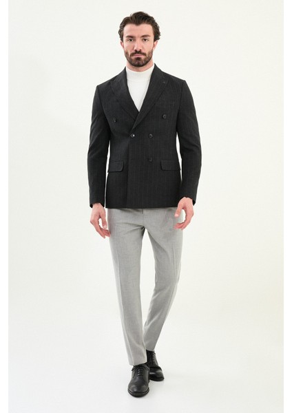 Çizgili Slim Fit Geniş Yaka Kruvaze Yün Erkek Ceket modelleri