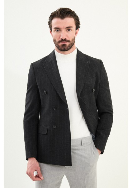 Çizgili Slim Fit Geniş Yaka Kruvaze Yün Erkek Ceket fırsatları