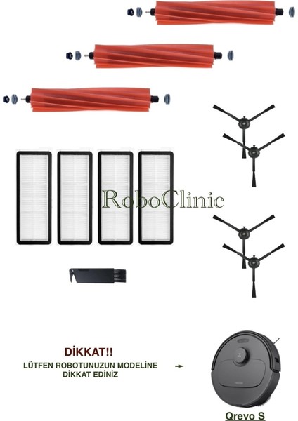 Roborock Qrevo S Siyah Yedek Ana Fırça, Yan Fırça, Hepa Filtre - 12 Parça