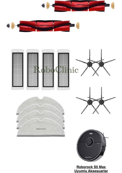 Roborock S5 Max Siyah Yedek Ana Fırça, Yan Fırça, Hepa Filtre, Mop - 14 Parça