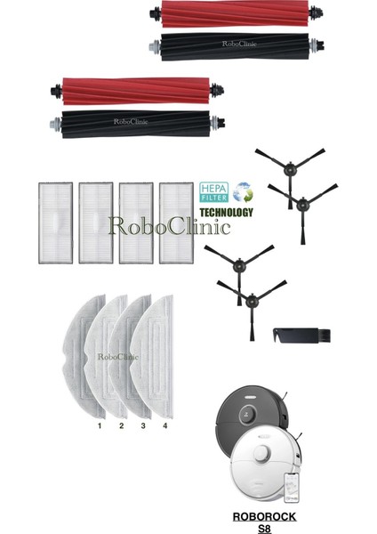 Roborock S8 Yedek Ana Fırça, Yan Fırça, Hepa Filtre, Mop - 17 Parça