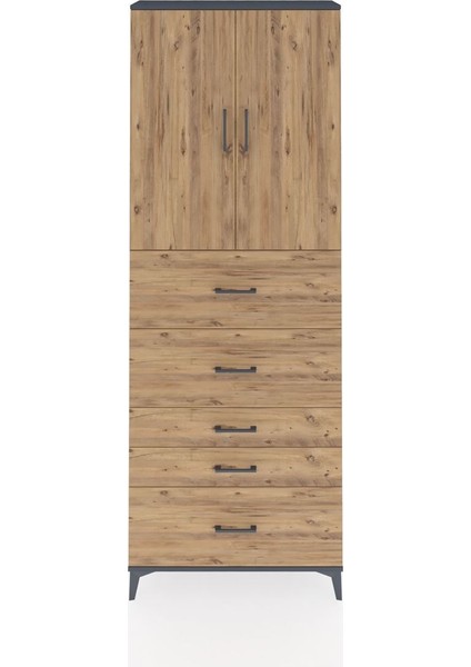 Arges Dolap 3 Raflı 5 Çekmeceli 2 Kapaklı 88X30X243 Antrasit-Çam