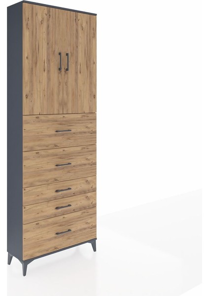Arges Dolap 3 Raflı 5 Çekmeceli 2 Kapaklı 88X30X243 Antrasit-Çam fiyatları