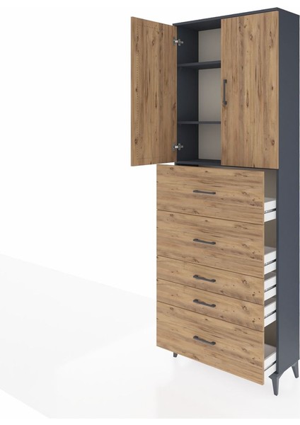Arges Dolap 3 Raflı 5 Çekmeceli 2 Kapaklı 88X30X243 Antrasit-Çam fırsatları