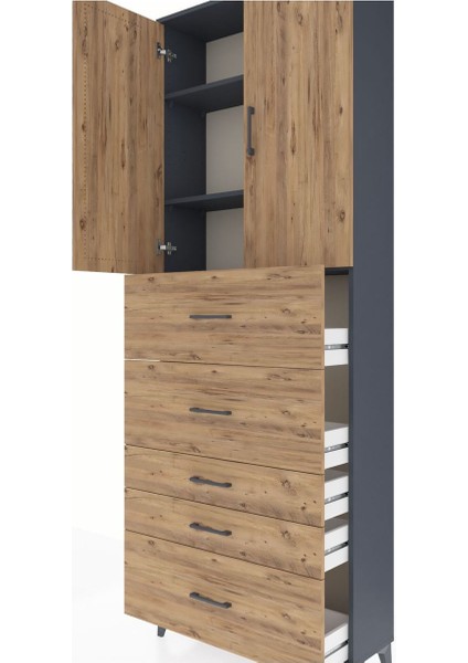 Arges Dolap 3 Raflı 5 Çekmeceli 2 Kapaklı 88X30X243 Antrasit-Çam indirimleri