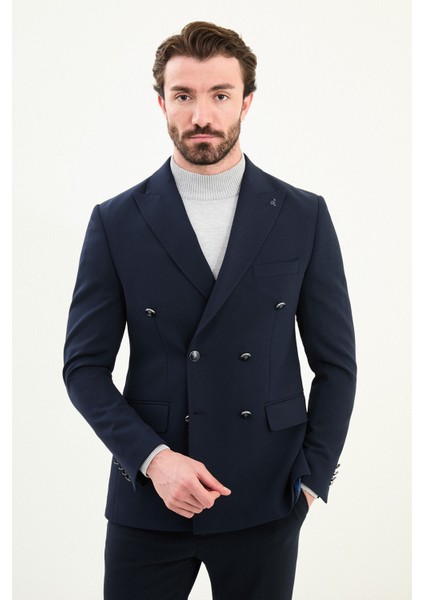 Düz Slim Fit Geniş Yaka Kruvaze Metal Düğmeli Erkek Ceket