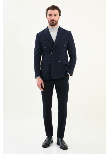 Düz Slim Fit Geniş Yaka Kruvaze Metal Düğmeli Erkek Ceket modelleri