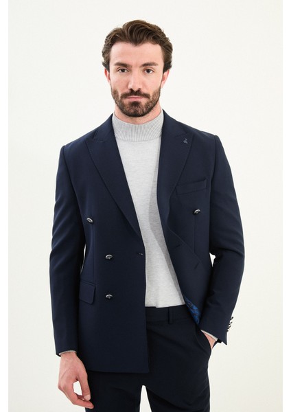 Düz Slim Fit Geniş Yaka Kruvaze Metal Düğmeli Erkek Ceket fırsatları