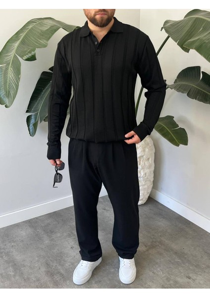 Bayaygun 6560 Fitilli Düğmeli Yaka Kazak_siyah