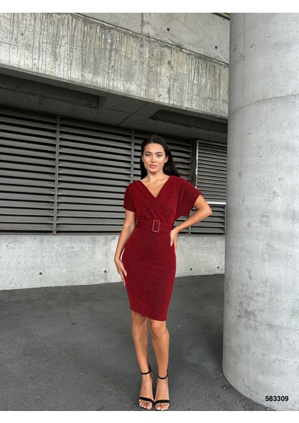 Flowers Kruvaze Yaka Kemer Detaylı Abiye Elbise 583309 Kırmızı