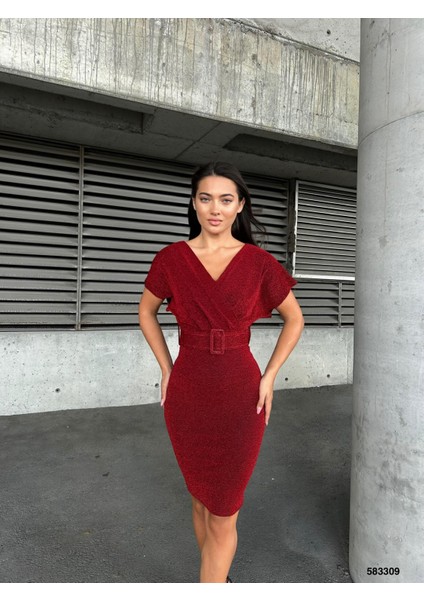 Flowers Kruvaze Yaka Kemer Detaylı Abiye Elbise 583309 Kırmızı fiyatları
