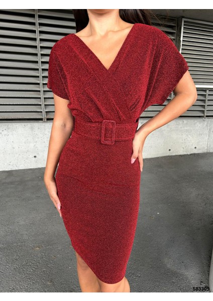 Flowers Kruvaze Yaka Kemer Detaylı Abiye Elbise 583309 Kırmızı modelleri