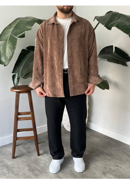 Bayaygün 5103 Oversize Kadife Gomlek _açık Kahve