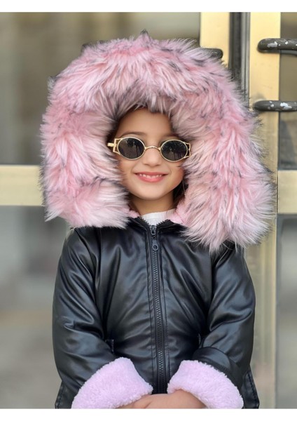 Hakiki Ithal Kürk Kapüşonlu - Içi Pelüşlü - Kışlık Kız Çocuk Dışı Deri Siyah Mont Kaban modelleri