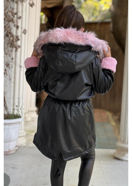 Hakiki Ithal Kürk Kapüşonlu - Içi Pelüşlü - Kışlık Kız Çocuk Dışı Deri Siyah Mont Kaban fırsatları