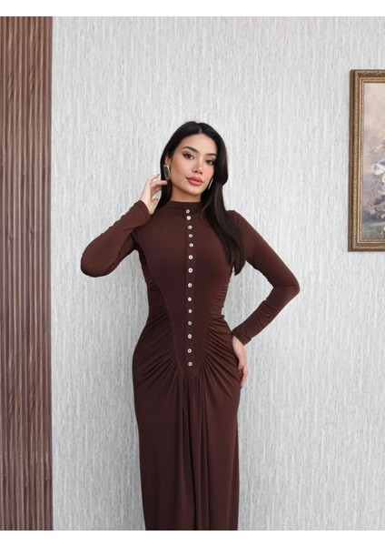 Yan Büzgü Düğme Detaylı Uzun Kol Elbise fiyatları