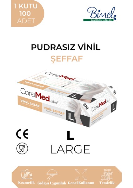 Vinil Şeffaf Muayene Eldiveni L - 1 Paket 100'LÜ