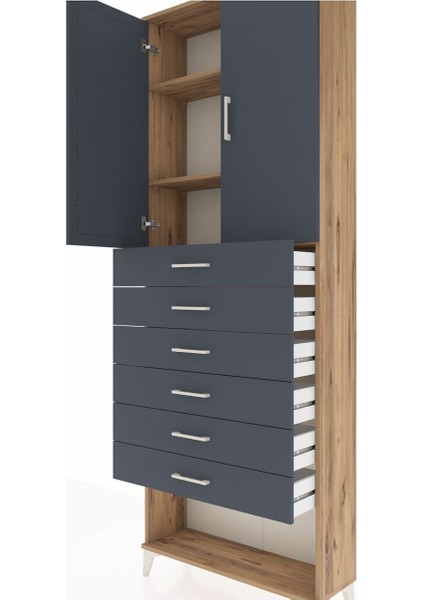 Arges Dolap 3 Raflı 6 Çekmeceli 2 Kapaklı 88X30X243 Çam-Antrasit indirimleri