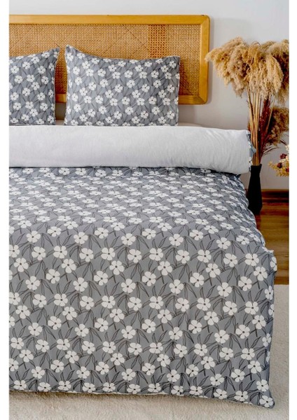 Gri Çift Kişilik Nevresim Takımı Pamuklu Çiçek Desenli Henna 200X215 cm