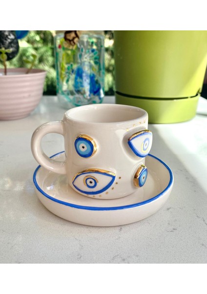 El Yapımı Seramik Gerçek 24K Altın Dekorlu Nazar Türk Kahvesi Fincanı