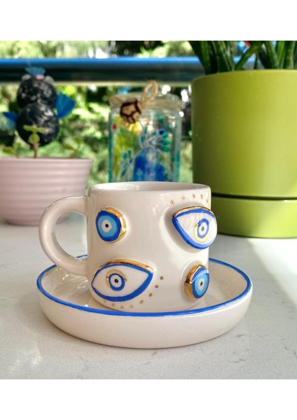 El Yapımı Seramik Gerçek 24K Altın Dekorlu Nazar Türk Kahvesi Fincanı modelleri