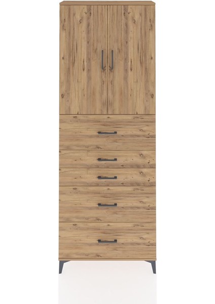 Arges Dolap 3 Raflı 5 Çekmeceli 2 Kapaklı 88X30X243 Çam-Çam