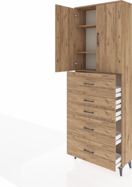 Arges Dolap 3 Raflı 5 Çekmeceli 2 Kapaklı 88X30X243 Çam-Çam fırsatları