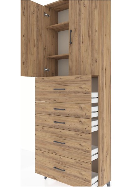 Arges Dolap 3 Raflı 5 Çekmeceli 2 Kapaklı 88X30X243 Çam-Çam indirimleri